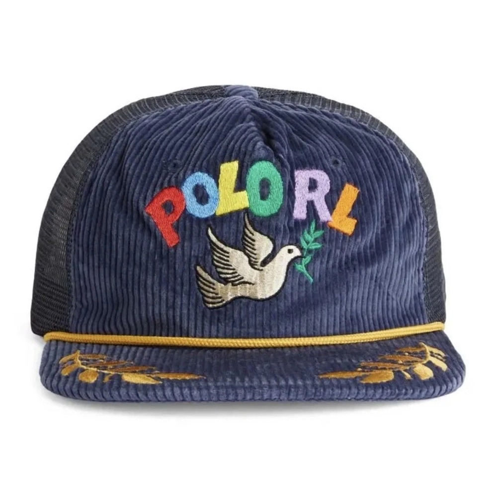 NWT Polo Ralph Lauren Navy Corduroy PEACE LOVE DOVE Trucker Baseball Cap Hat